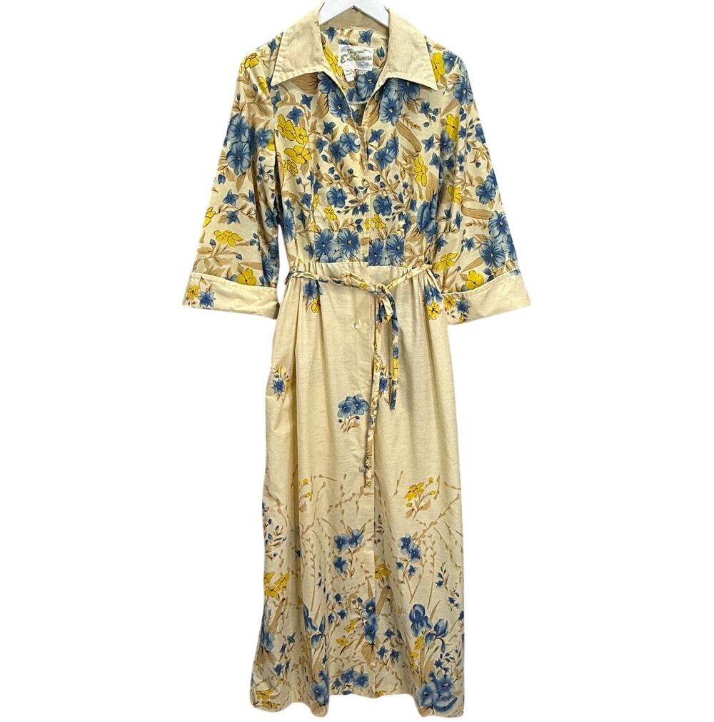 Vintage The Great Entertainers Sears Dress 70s Floral Belt Beige Size S Button